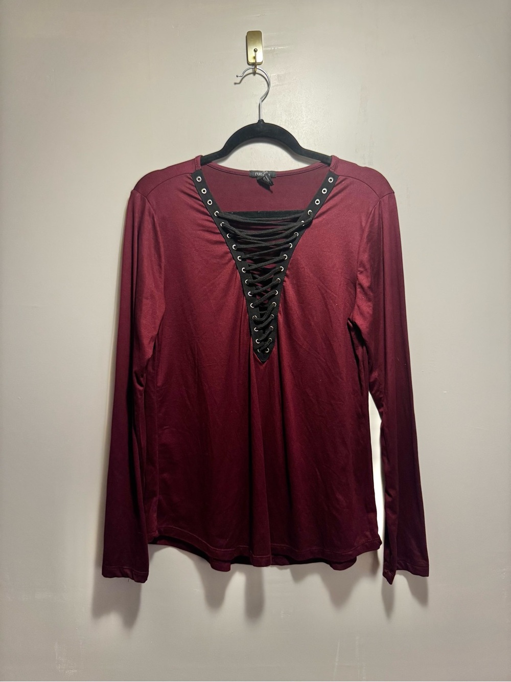 Rue21 Lace-Up V-Neck Long Sleeve Top - Burgundy with Black Trim